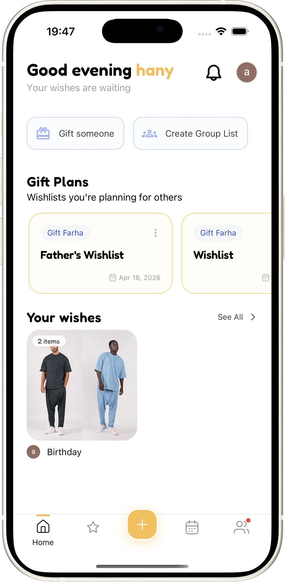 Farha wishlist app showing birthday and Christmas gift collections with group gifting features